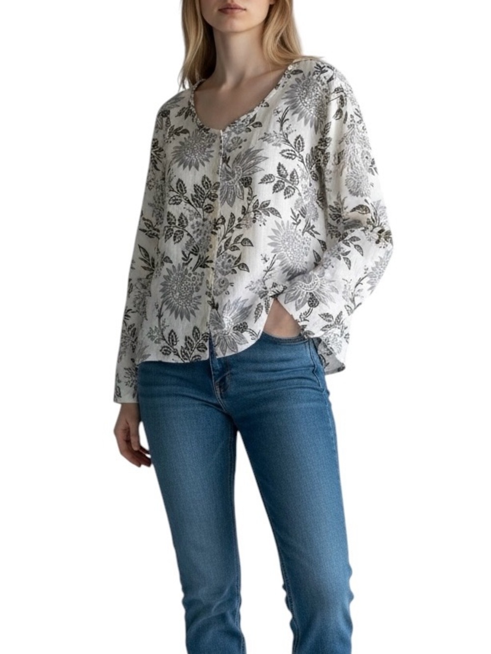 FLAX 100% Linen V-Neck Floral Button Front Top Medium